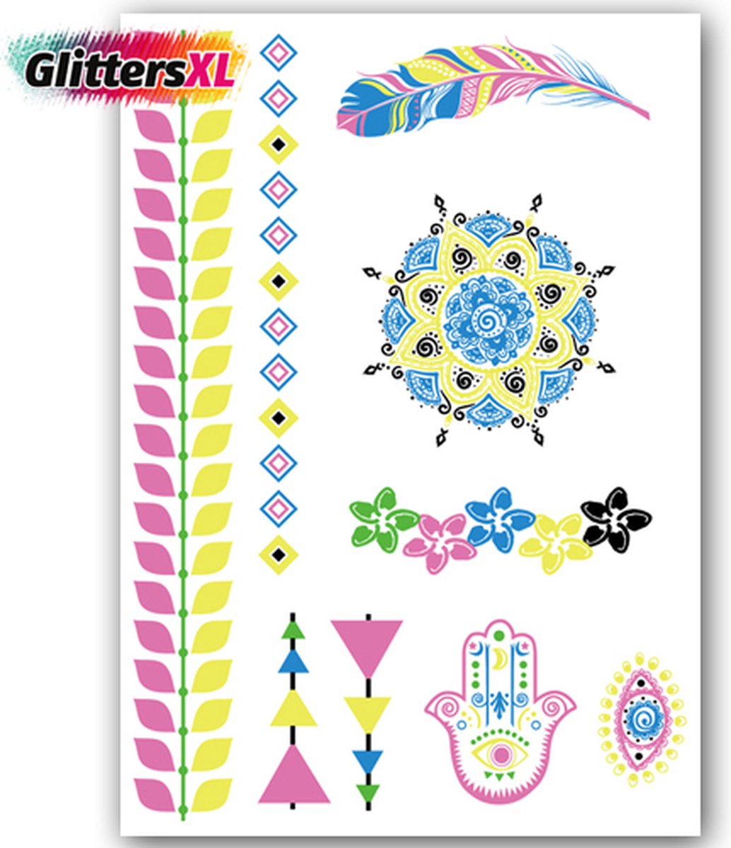 GlittersXL - Temporary Tattoo Neon/Glow In The Dark (A5 formaat) [Neptattoo - Tijdelijke tatoeage - Nep Fake Tattoos - Water overdraagbare festival sticker henna outfit tattoo - Glitter tattoo - Volwassenen Kinderen Jongen Meisje]